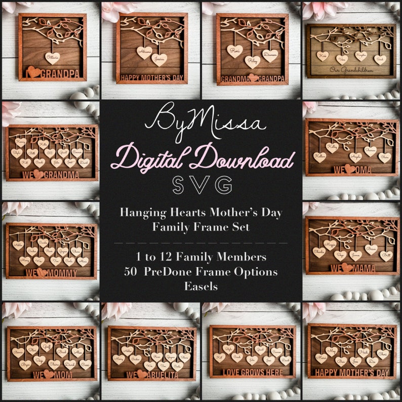 Download 50 Custom Frames Svg 1 12 Member Hanging Hearts Mother S Day Frame Set Glowforge And Laser Cutting Clip Art Image Files Materials Kromasol Com