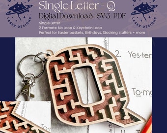 Q - Single Letter Maze | Monogram Maze Game, Keychain loop option | SVG/PDF | Laser Cutting | Easter Basket | Stocking Stuffer