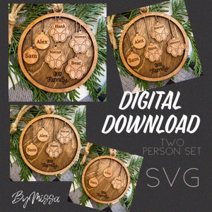 TWEE personen + 1-4 pootjes | COMBO familie + bont familie ornament set SVG | Glowforge en lasersnijden
