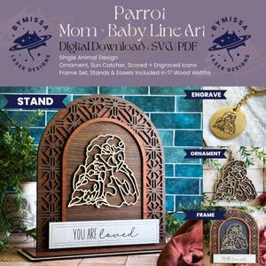 PAPEGAAI moeder baby | Los dier | Ornamenten, zonnevangers, lijst, standaard | SVG en pdf | Lasersnijden, Moederdag, Sieraden