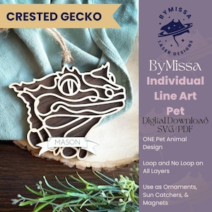 Kuifgekko | SINGLE Line Art-huisdier | Ornament, tags voor paasmandjes, zonnevangers, magneten | SVG en pdf | Glowforge en lasersnijden