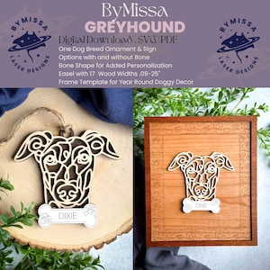Greyhound Line Art / Design di razza di cane / Ornamenti, acchiappasole, cornice SVG e PDF / Glowforge e taglio laser, amante dei cani
