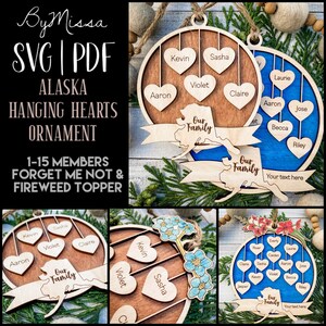 Alaska Hanging Hearts Ornament | 1-15 members + Optional  State Flower Topper | SVG & PDF | Glowforge and Laser Cutting
