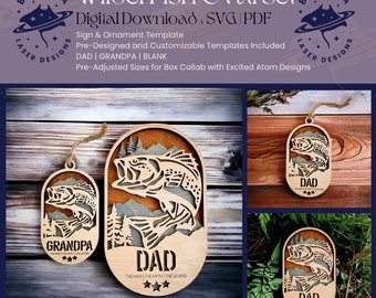 May include: A set of three laser cut wooden ornaments featuring a bass fish jumping out of the water. The ornaments are shaped like ovals and have the words "Dad", "Grandpa", and "The Man, The Myth, The Legend" on them.