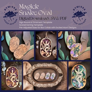 Ornamento oval de cobra mágica, sinal redondo e brinco | CottageCore | SVG/PDF | Modelo de corte a laser Glowforge