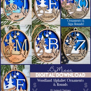 18 Woodland Animal Alphabet Ornaments & Sign Rounds |SVG| Glowforge | Laser Cutting Template | Nursery Decor