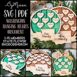 Washington Hanging Hearts Ornament | 1-15 members + Optional  State Flower Topper | SVG & PDF | Glowforge and Laser Cutting