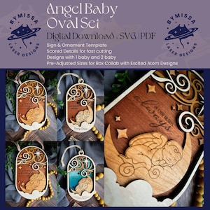 Ornamenti ovali e cartelli rotondi per bambini angeli / 1 e 2 angeli / SVG ricordo / SVG/PDF / Modello di taglio laser Glowforge
