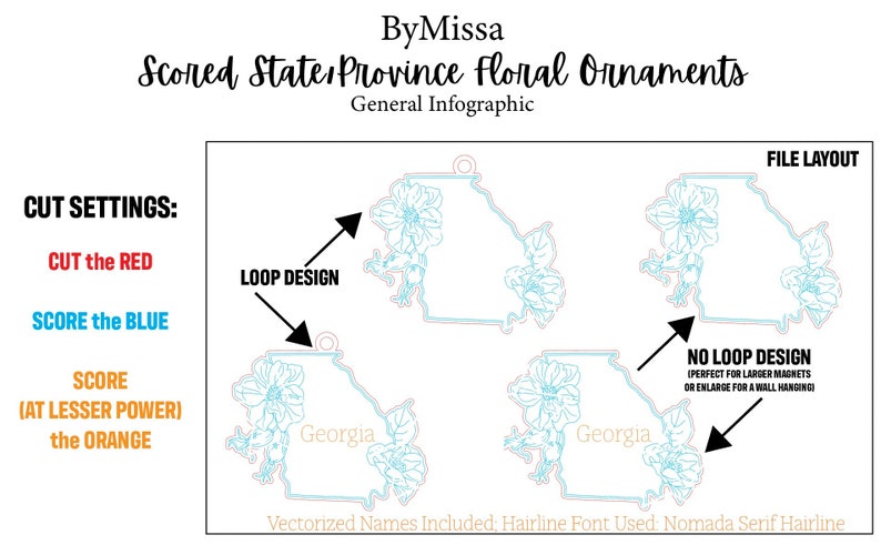 May include: A digital design file for a floral ornament featuring the state of Georgia. The design includes a loop for hanging and a version without a loop. The file is ready to be cut on a Cricut or Silhouette machine.