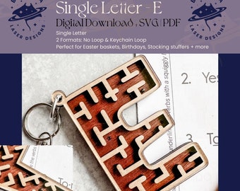 E - Single Letter Maze | Monogram Maze Game, Keychain loop option | SVG/PDF | Laser Cutting | Easter Basket | Stocking Stuffer