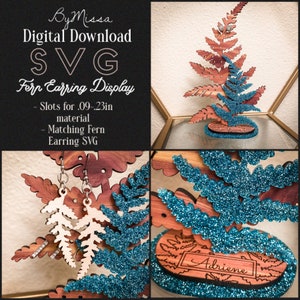 Présentoir de boucles d'oreilles fougères + boucles d'oreilles fougères | SVG pour Glowforge et découpe laser