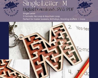 M - Single Letter Maze | Monogram Maze Game, Keychain loop option | SVG/PDF | Laser Cutting | Easter Basket | Stocking Stuffer