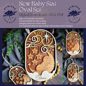 Ornamento e sinal ovais novos do Stat do nascimento do | Anúncio de nascimento SVG | SVG/PDF | Modelo de corte a laser Glowforge