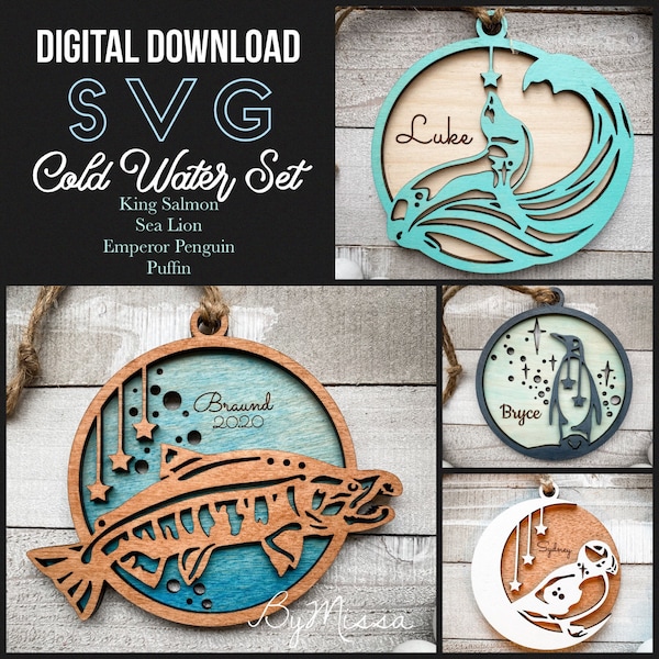 Cold Water Sea Creature Ornament Set | 4 SVGs | Glowforge and Laser Cutting