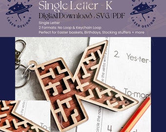 K - Single Letter Maze | Monogram Maze Game, Keychain loop option | SVG/PDF | Laser Cutting | Easter Basket | Stocking Stuffer