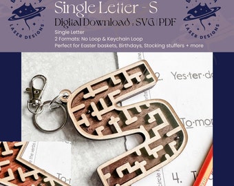 S - Single Letter Maze | Monogram Maze Game, Keychain loop option | SVG/PDF | Laser Cutting | Easter Basket | Stocking Stuffer