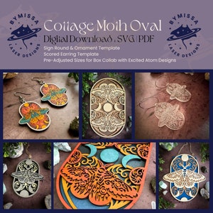 Cottage Moth Oval Ornament, Schild rund & Ohrring | Zauber | SVG/PDF | Glowforge Laser Cut Vorlage | Todesmotte | Gothic Cottage Kern