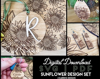 Sunflower Floral Design Set | 8 SVGs |Glowforge and Laser Cutting | Floral engrave