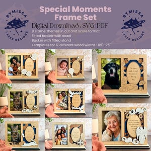 以下が含まれることがあります： Bymissa Laser Designsによるデジタルダウンロードセット「Special Moments Frame Set」。SVGおよびPDF形式のレーザーカット木製フレームテンプレート8種、裏板、イーゼル、0.09cmから0.25cmの木材厚に対応したテンプレートが含まれています。