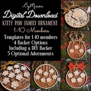 May include: A digital download for a customizable paw print family ornament. The ornament is made of wood and features a circle with paw prints and space for names. The ornament is available in 4 different backer options, including a DIY option. There are also 5 optional adornments available. The ornament is perfect for a pet lover's home.
