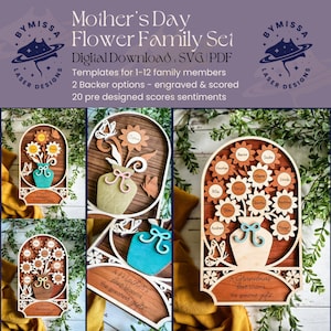Conjunto de família de flores | Sinal de 1 a 12 membros da família para o Dia das Mães, presente para mamãe e vovó | SVG/PDF | Modelo de corte a laser Glowforge