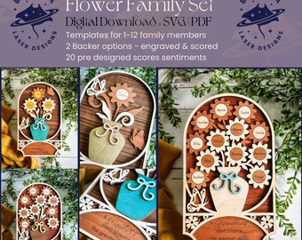 Flower Family Set | 1-12 Family Member Sign for Mother's Day, Gift for Mom & Grandma | SVG/PDF | Glowforge Laser Cutting Template