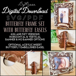 Butterfly Photo Frame Set| Decorative Frames Only (No Hanging Hearts) | Frames for 4x6 and 5x7 Photos  |SVG/PDF| Glowforge and Laser Cutting