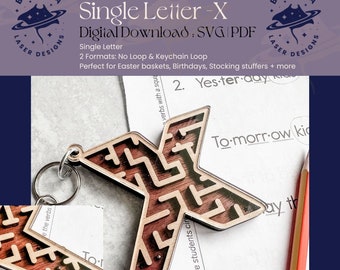 X - Single Letter Maze | Monogram Maze Game, Keychain loop option | SVG/PDF | Laser Cutting | Easter Basket | Stocking Stuffer