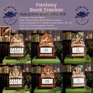 May include: A wooden fantasy book tracker with multiple variations. The tracker features a decorative arch design with fantasy-themed inserts, including a unicorn and a dragon. The text "BOOKS READ THIS YEAR" is displayed above a number, and the text "OCTAVIA'S LIBRARY", "ADAM'S LIBRARY", or "ELLIE'S LIBRARY" is displayed below the number.