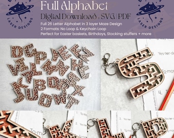 All 26 Maze Letters: Full Alphabet Monogram Maze Game, Keychain loop option | SVG/PDF | Laser Cutting | Easter Basket | Stocking Stuffer