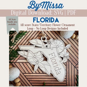 Florida | Single State Flower Design| With Ornament Loop & Without | Ornament, Magnet, Sign | SVG/PDF | Glowforge Laser Cutting Template