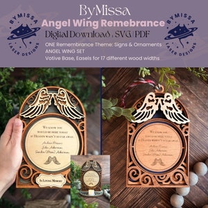 Herdenkingsset engelenvleugel | 1 ontwerpset | bord, votiefhouder, ornament | Monument| Woondecoratie, cadeau | SVG/PDF | Glowforge-lasersnijden
