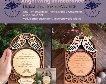 May include: A wooden angel wing remembrance sign with a votive candle holder. The sign features a laser-cut design with intricate details and the text "We know you would be here today if Heaven wasn't so far away."  The sign is personalized with the names "Andrea Mienno, Johan Ackerman, Sandra (Mimi) Ackerman" and the phrase "In Loving Memory".