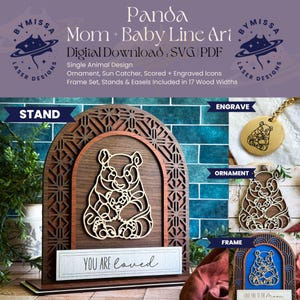 PANDA moeder baby | Los dier | Ornamenten, zonnevangers, lijst, standaard | SVG en pdf | Lasersnijden, Moederdag, Sieraden