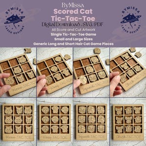 Peut inclure: Jeu de Tic-Tac-Toe en bois avec des pièces de jeu sur le thème des chats découpées au laser. Les plateaux et les pièces de jeu présentent des visages de chats détaillés. Le texte "Meow-TAC-TOE", "Woof-TAC-TOE", "Squeek-TAC-TOE", et "Chick-TAC-TOE" est visible.