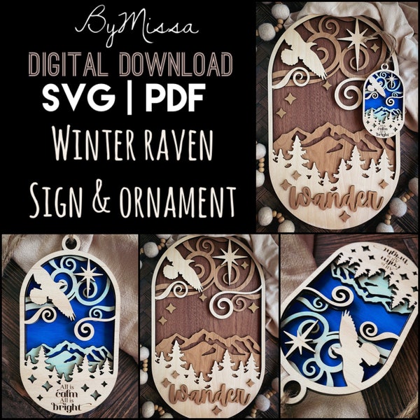 Winter Raven Oval Ornament and Sign Round | Remembrance SVG | SVG/PDF | Glowforge Laser Cutting Template