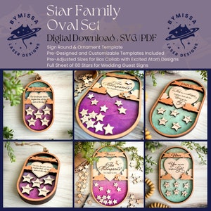 Star Family Oval Sign Rounds & Ornaments / Festa della mamma / Segno di nascita / Matrimonio / Natale / SVG/PDF / Modello di taglio laser Glowforge