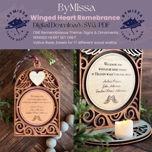 Herinneringsset gevleugeld hart | 1 ontwerpset | bord, votiefhouder, ornament | Monument| Woondecoratie, cadeau | SVG/PDF | Glowforge-lasersnijden
