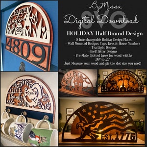 8 Holiday Half Round SVG Design Set | Tea Light & Shelf Sitter Designs | Wall Mounted and House Number Designs | Laser Cutter Templates