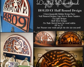 8 Holiday Half Round SVG Design Set | Tea Light & Shelf Sitter Designs | Wall Mounted and House Number Designs | Laser Cutter Templates