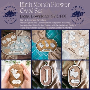 Mese di nascita Fiori Famiglia Segnali e ornamenti / Festa della mamma / Regalo per nonni / Natale / SVG/PDF / Modello di taglio laser Glowforge