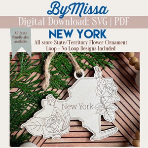 New York | Single State Flower Design| With Ornament Loop & Without | Ornament, Magnet, Sign | SVG/PDF | Glowforge Laser Cutting Template