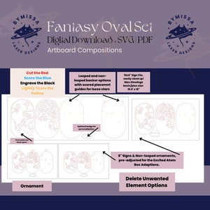 May include: A digital download of a laser cut oval design set. The set includes a 10.8 x 18 inch sign file, an 8 inch sign file, and an ornament. The design features a whimsical, fantasy-themed illustration with stars, clouds, and trees. The instructions indicate to cut the red, score the blue, engrave the black, and lightly score the yellow.