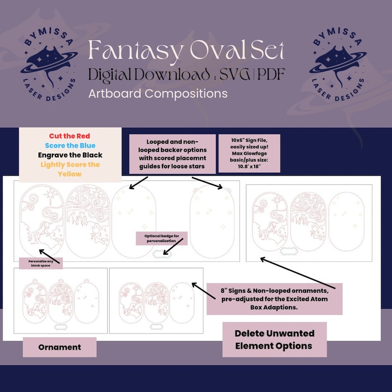 May include: A digital download of a laser cut oval design set. The set includes a 10.8 x 18 inch sign file, an 8 inch sign file, and an ornament. The design features a whimsical, fantasy-themed illustration with stars, clouds, and trees. The instructions indicate to cut the red, score the blue, engrave the black, and lightly score the yellow.