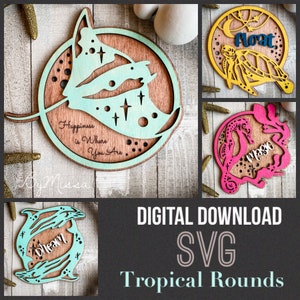 Tropical Sea Sign ROUNDS + 50 Word Cut Outs + Easels | SVG | Glowforge and Laser Cutting