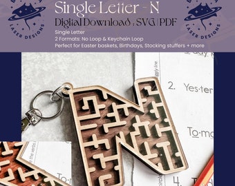 N - Single Letter Maze | Monogram Maze Game, Keychain loop option | SVG/PDF | Laser Cutting | Easter Basket | Stocking Stuffer