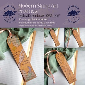 May include: Set of four laser cut wooden bookmarks with different designs. Each bookmark features a unique design with a string art style. The designs include a sun and moon, a hand holding a heart, and a cat. The bookmarks are made of natural wood and have a light brown color.