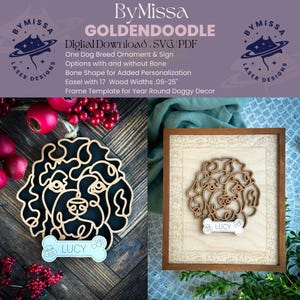 Goldendoodle Line Art / Design di razze di cani / Ornamenti, acchiappasole, decorazioni con cornice / SVG e PDF / Glowforge e taglio laser, amante dei cani