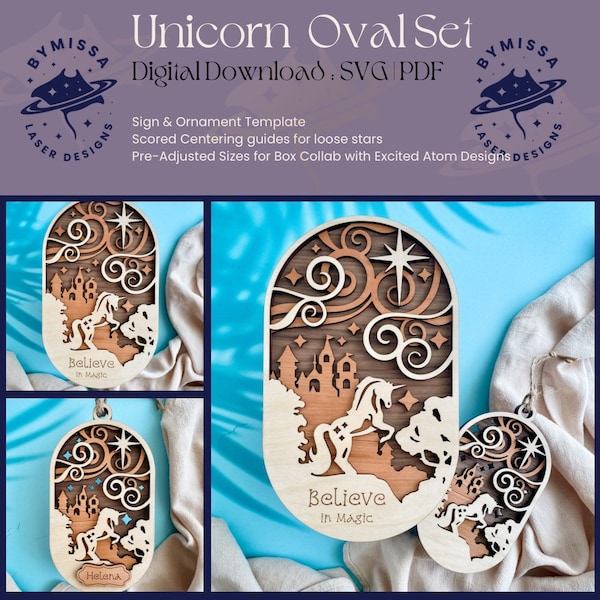 Unicorn Castle Oval Set: Ornament, Sign Rounds | Kid's Room Decor, DIY Party File | SVG/PDF | Glowforge Laser Cutting Template