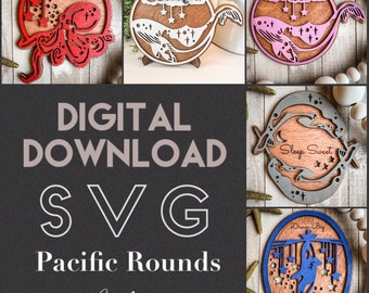 Pacific Sea Sign ROUNDS + 50 Word Cut Outs + Easels | SVG | Glowforge and Laser Cutting